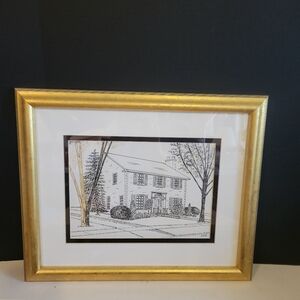 Vintage Gold Frame Matted B&W Artwork. Signed by Artist